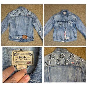 POLO RALPH LAUREN Denim Jacket Stars Patches Distressed Destroyed Equestrian XS